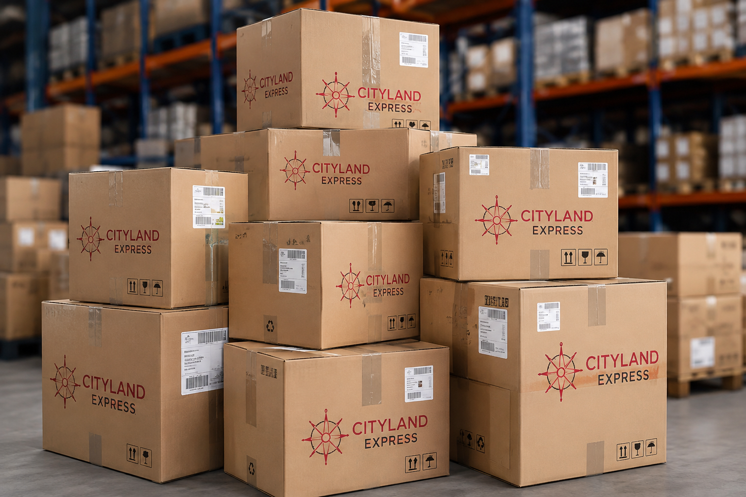 Cityland Express parcels with tracking labels in a distribution warehouse