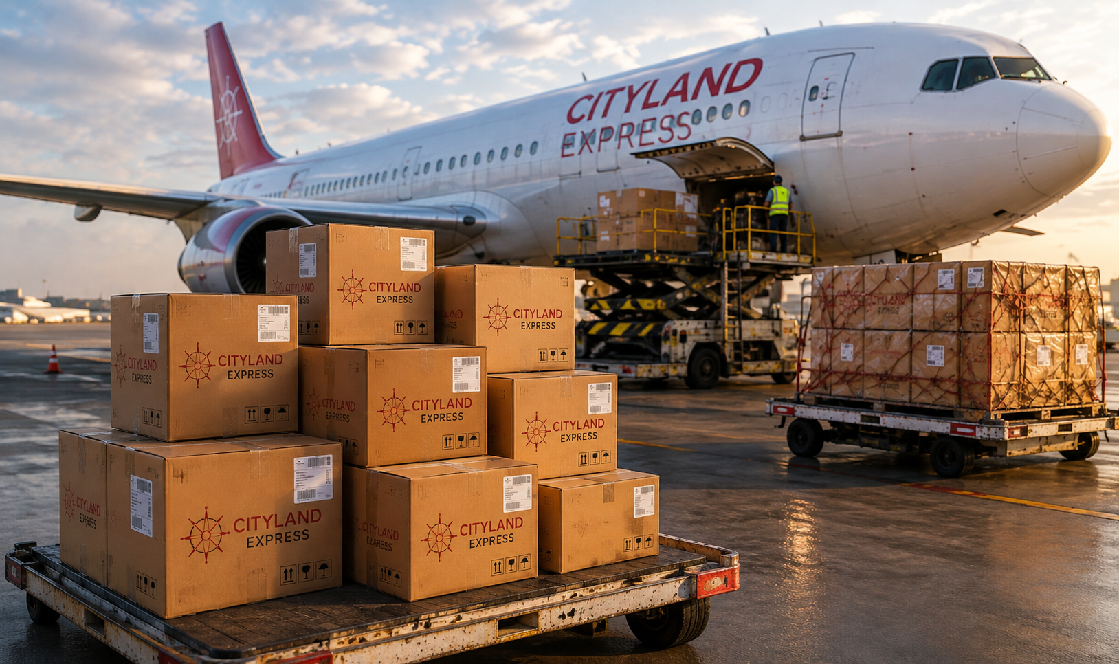 Cityland Express cargo aircraft being loaded with freight pallets
